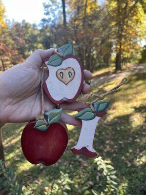 Handcrafted Wooden Apple-Themed Hanging Ornaments Rustic Decor Set Of 3 Red & Wh